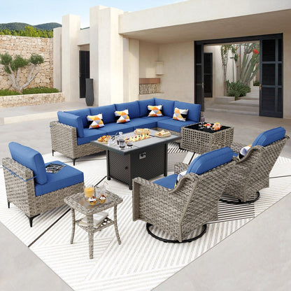 OVIOS Set di 11 sedie girevoli in vimini per esterni con tavolino da caffè ad energia solare e braciere