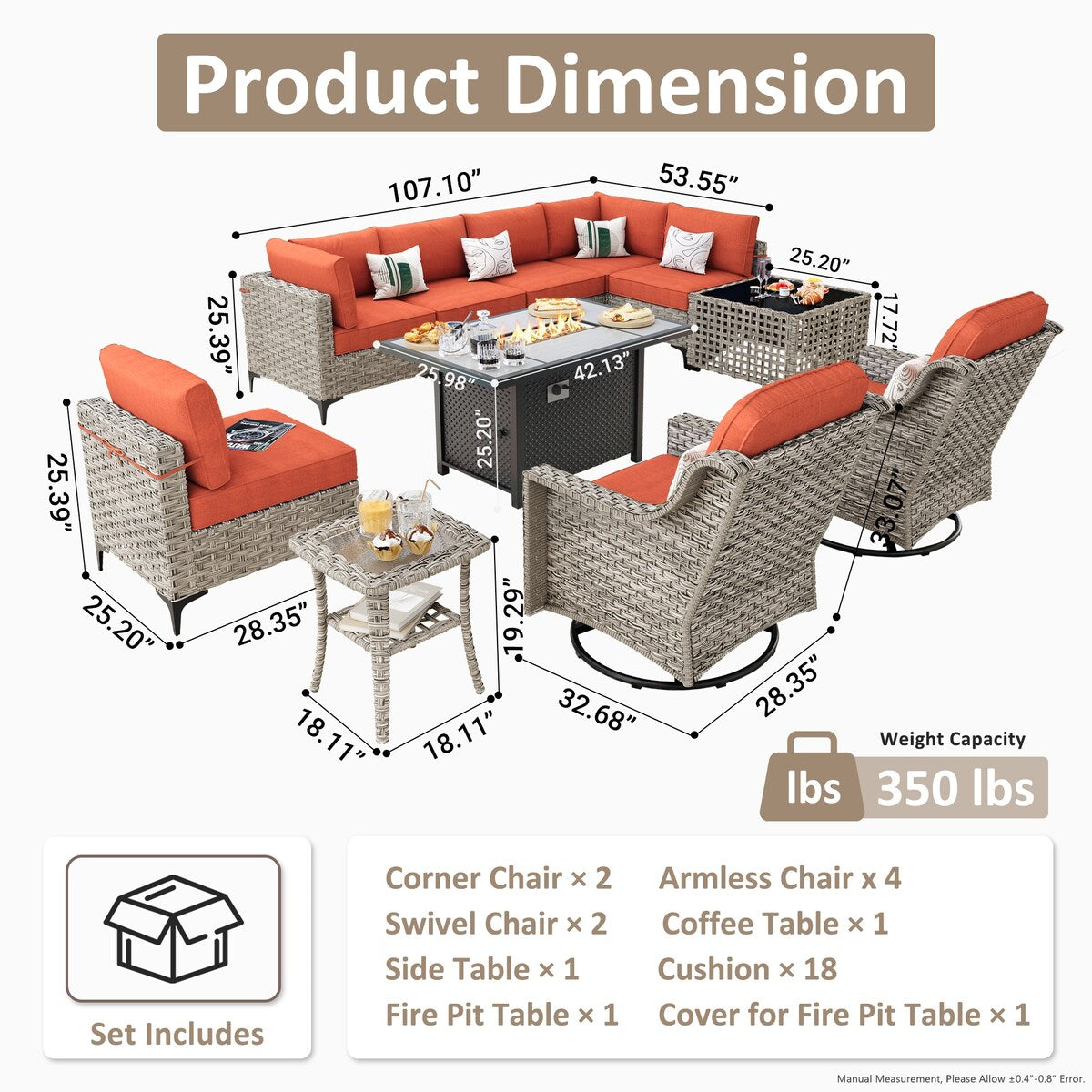 OVIOS Set di 11 sedie girevoli in vimini per esterni con tavolino da caffè ad energia solare e braciere