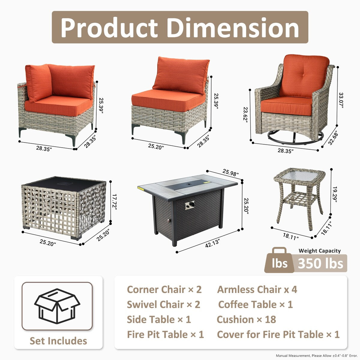 OVIOS Set di 11 sedie girevoli in vimini per esterni con tavolino da caffè ad energia solare e braciere