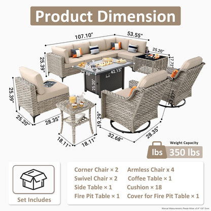 OVIOS Set di 11 sedie girevoli in vimini per esterni con tavolino da caffè ad energia solare e braciere