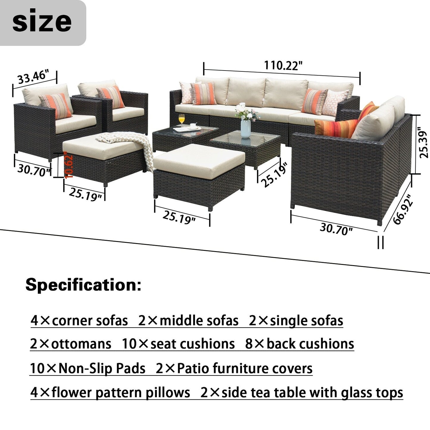 Set da conversazione per mobili da giardino OVIOS in tessuto Sunbrella e Olefin da 12 pezzi