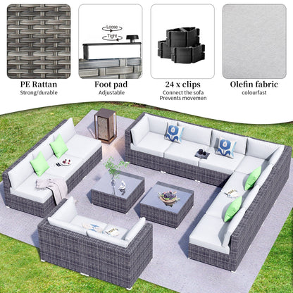 Set di divani componibili OVIOS da 14 pezzi in vimini con seduta profonda e tavolo con piano in vetro