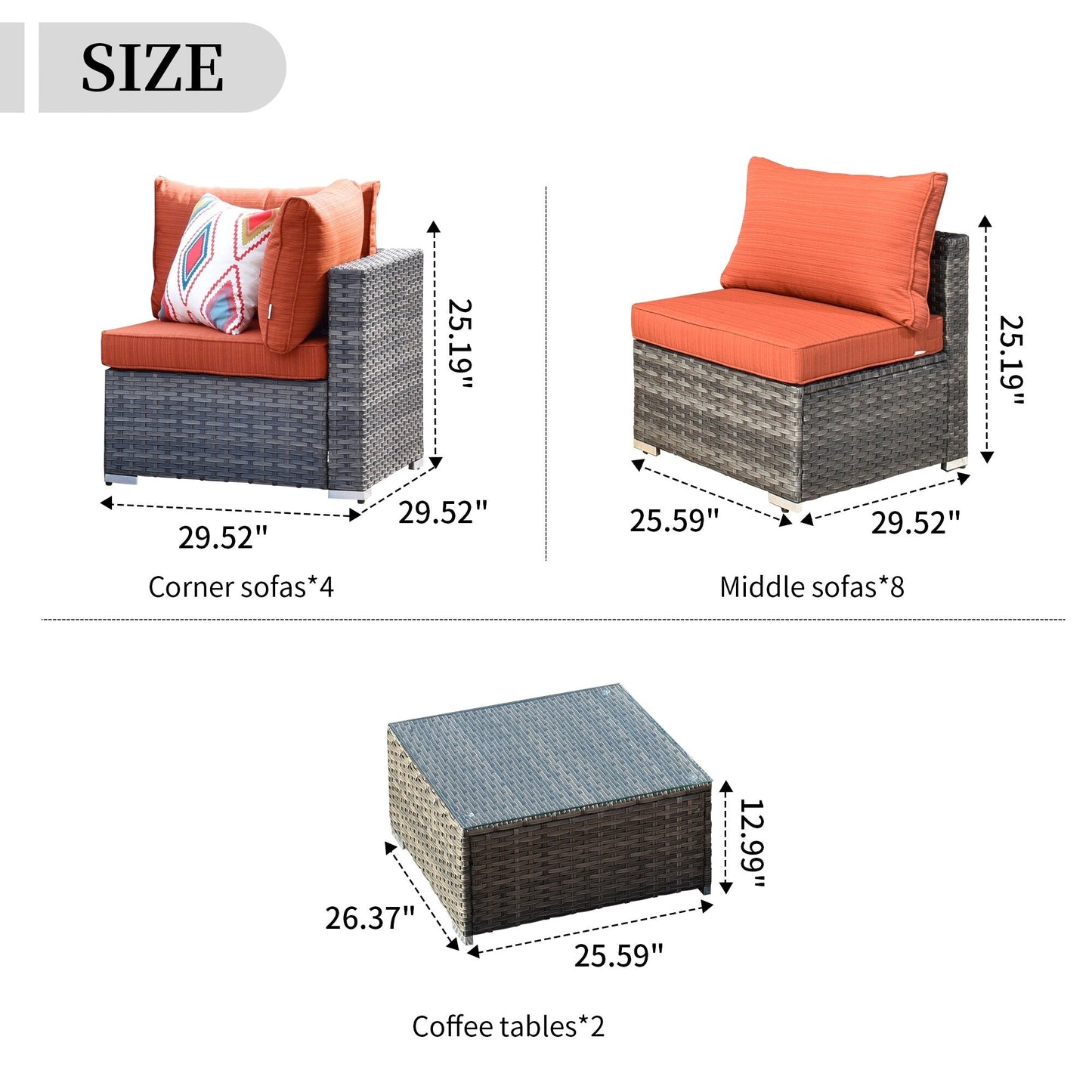 Set di divani componibili OVIOS da 14 pezzi in vimini con seduta profonda e tavolo con piano in vetro