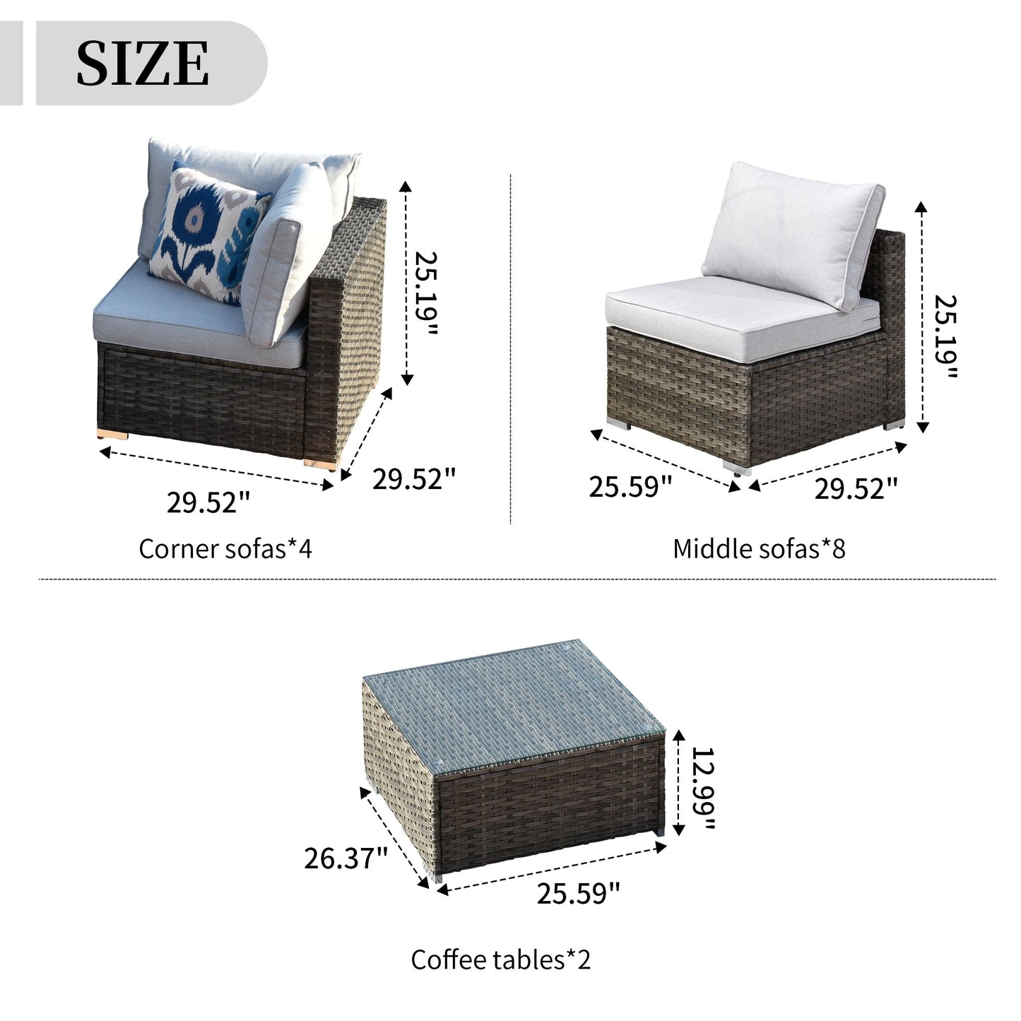 Set di divani componibili OVIOS da 14 pezzi in vimini con seduta profonda e tavolo con piano in vetro