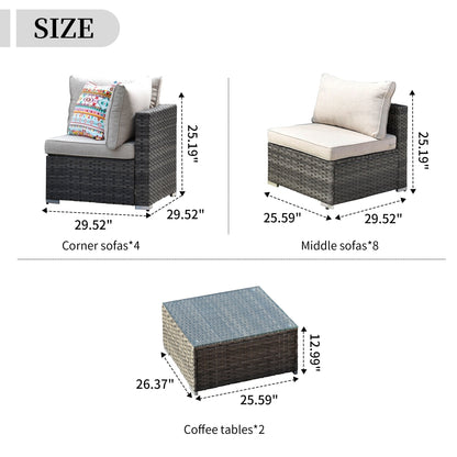 Set di divani componibili OVIOS da 14 pezzi in vimini con seduta profonda e tavolo con piano in vetro