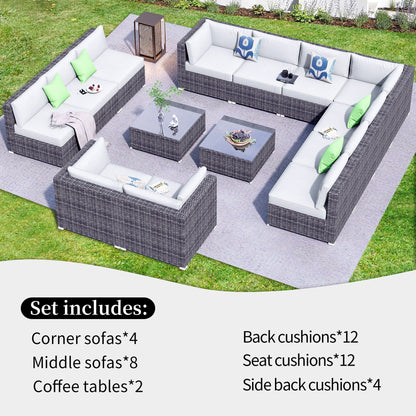 Set di divani componibili OVIOS da 14 pezzi in vimini con seduta profonda e tavolo con piano in vetro