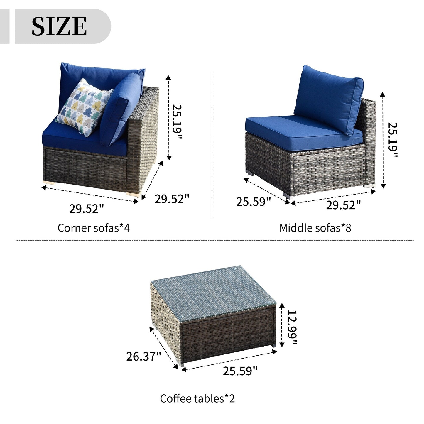 Set di divani componibili OVIOS da 14 pezzi in vimini con seduta profonda e tavolo con piano in vetro