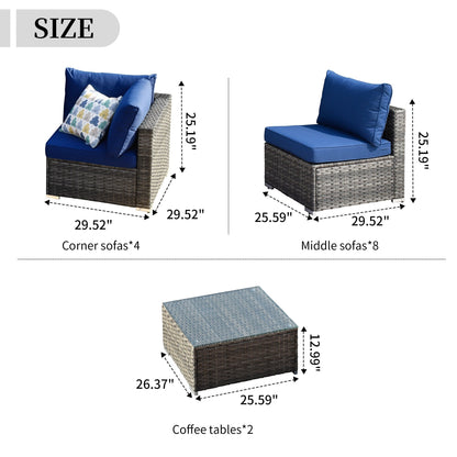 Set di divani componibili OVIOS da 14 pezzi in vimini con seduta profonda e tavolo con piano in vetro