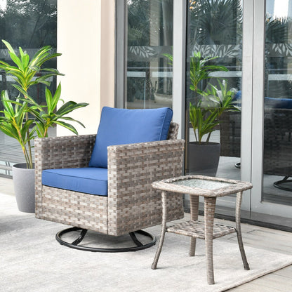 Set da conversazione con tavolino e sedia a dondolo girevole in vimini OVIOS da 2 pezzi