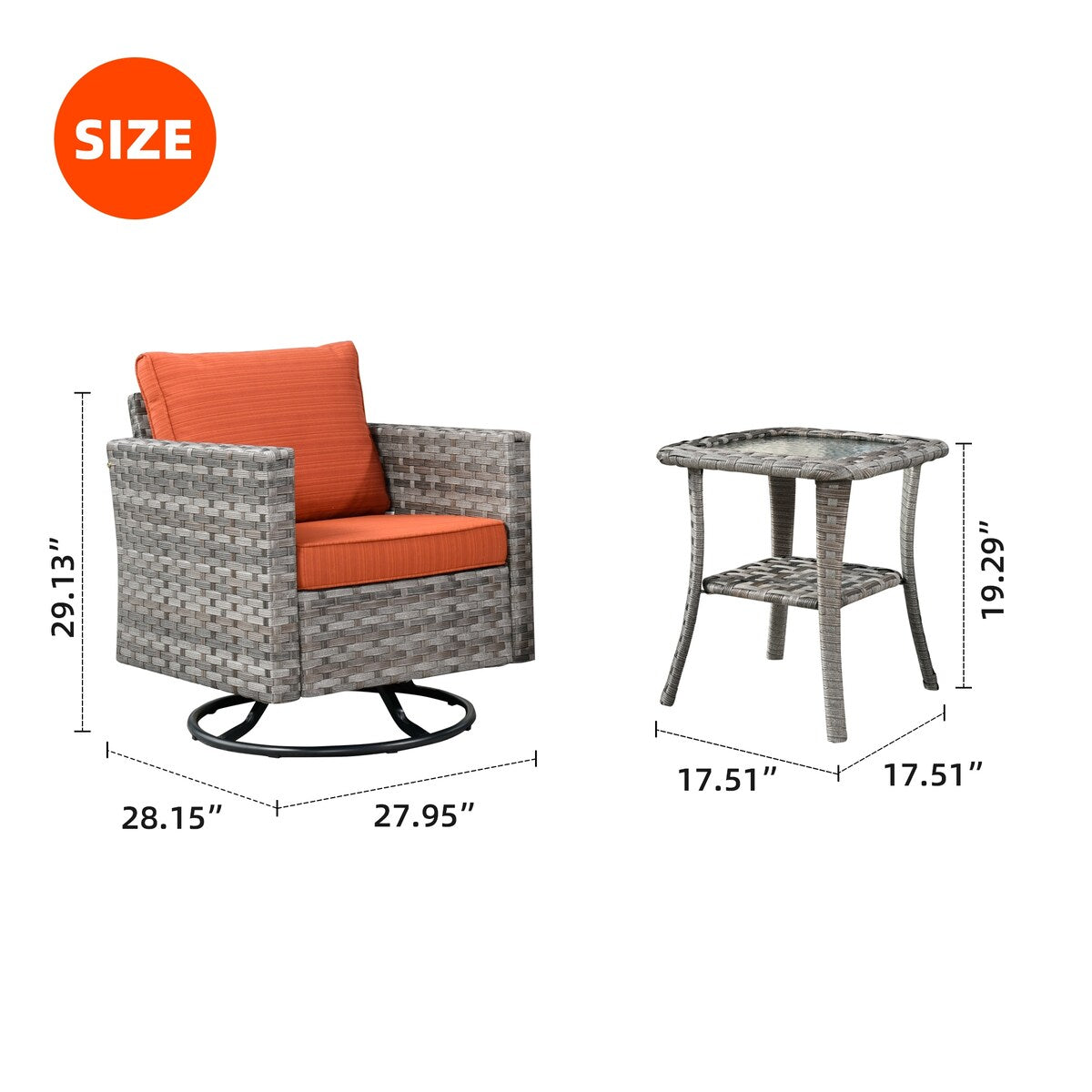 Set da conversazione con tavolino e sedia a dondolo girevole in vimini OVIOS da 2 pezzi