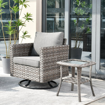 Set da conversazione con tavolino e sedia a dondolo girevole in vimini OVIOS da 2 pezzi