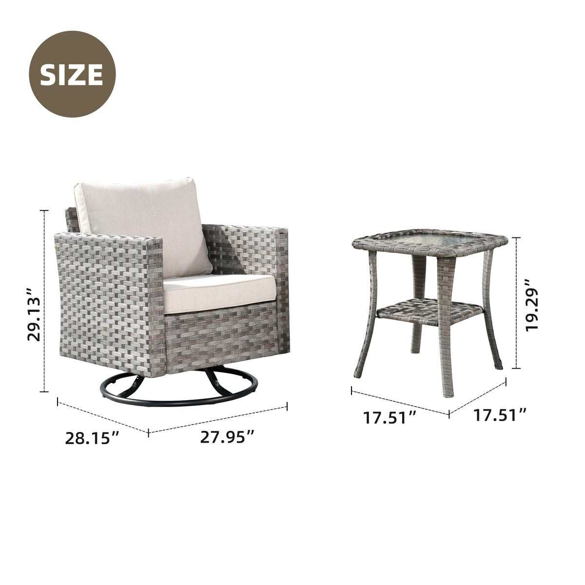 Set da conversazione con tavolino e sedia a dondolo girevole in vimini OVIOS da 2 pezzi