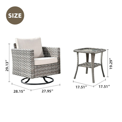 Set da conversazione con tavolino e sedia a dondolo girevole in vimini OVIOS da 2 pezzi