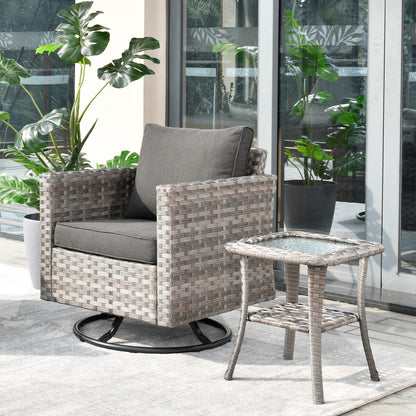 Set da conversazione con tavolino e sedia a dondolo girevole in vimini OVIOS da 2 pezzi