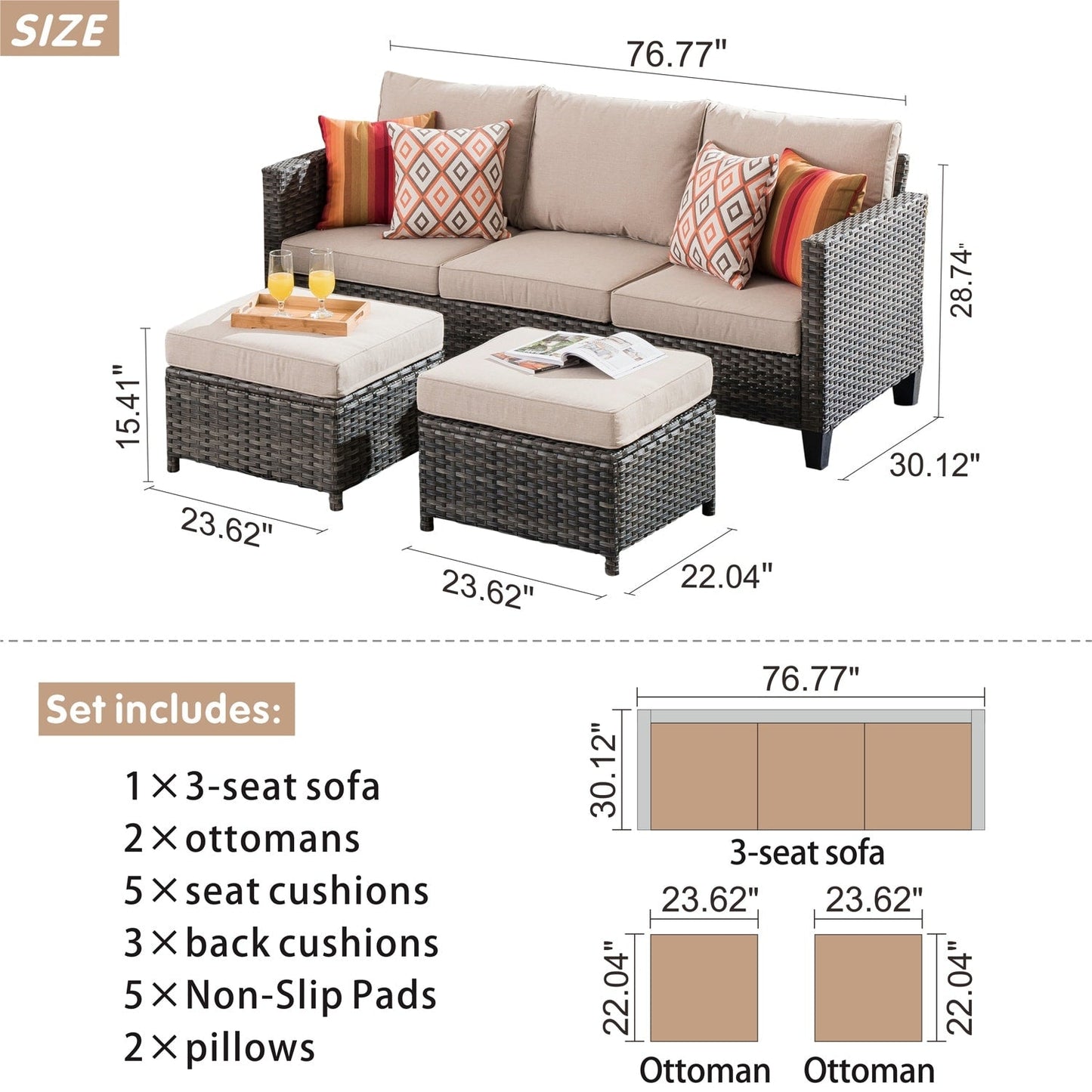 Set di 3 pouf da conversazione in vimini per esterni OVIOS