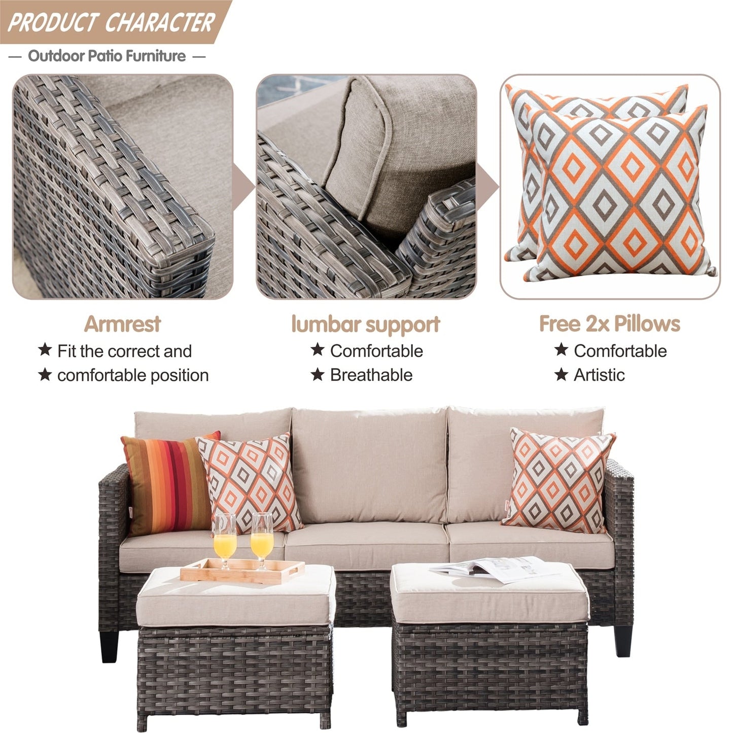 Set di 3 pouf da conversazione in vimini per esterni OVIOS