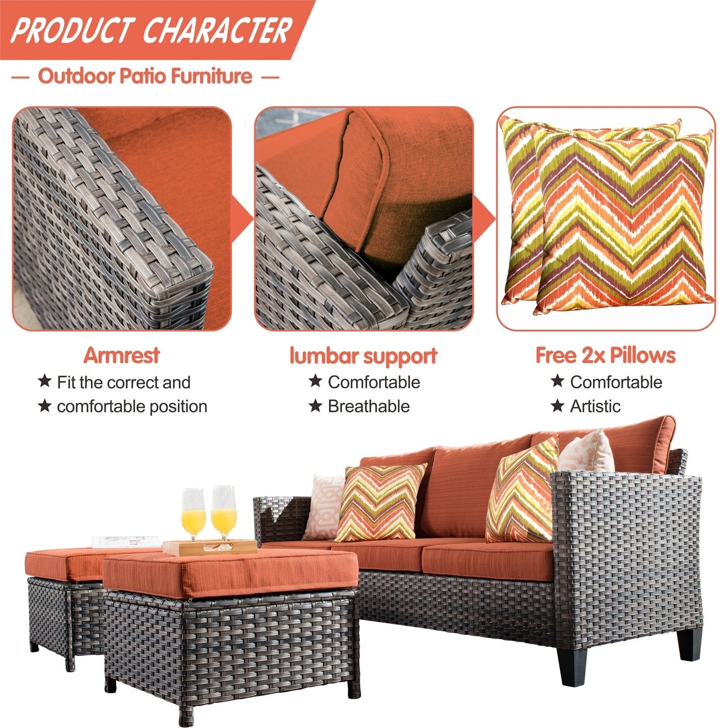 Set di 3 pouf da conversazione in vimini per esterni OVIOS