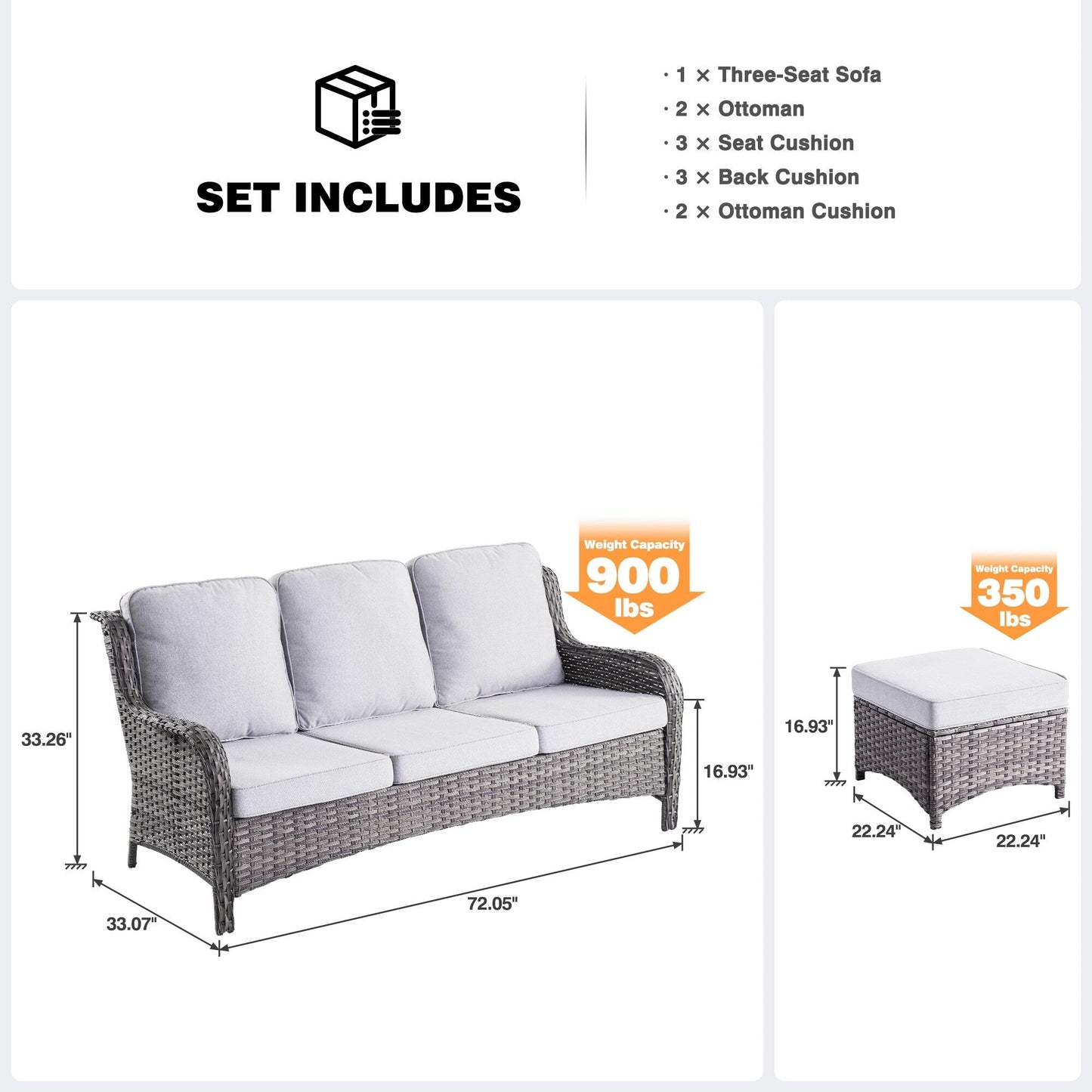 Divano da giardino in vimini OVIOS a 3 pezzi con pouf