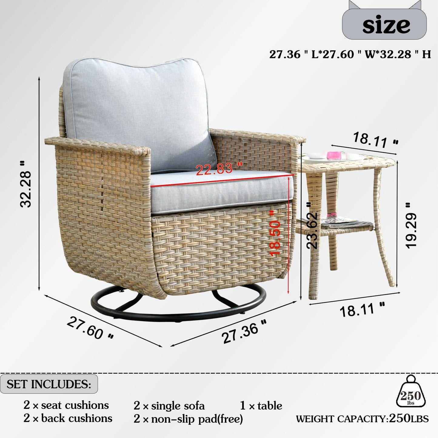 Set di 3 sedie girevoli in vimini per mobili da giardino adatti agli animali domestici OVIOS