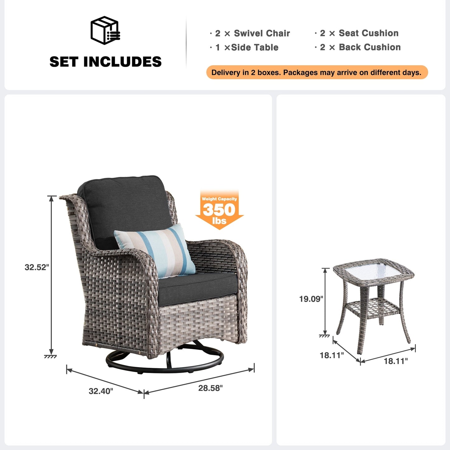 Set di 3 sedie girevoli in vimini per patio OVIOS