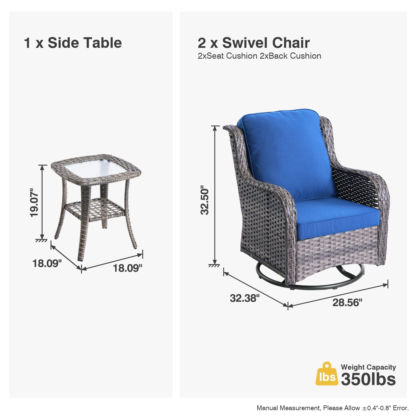 Set di 3 sedie girevoli in vimini per patio OVIOS