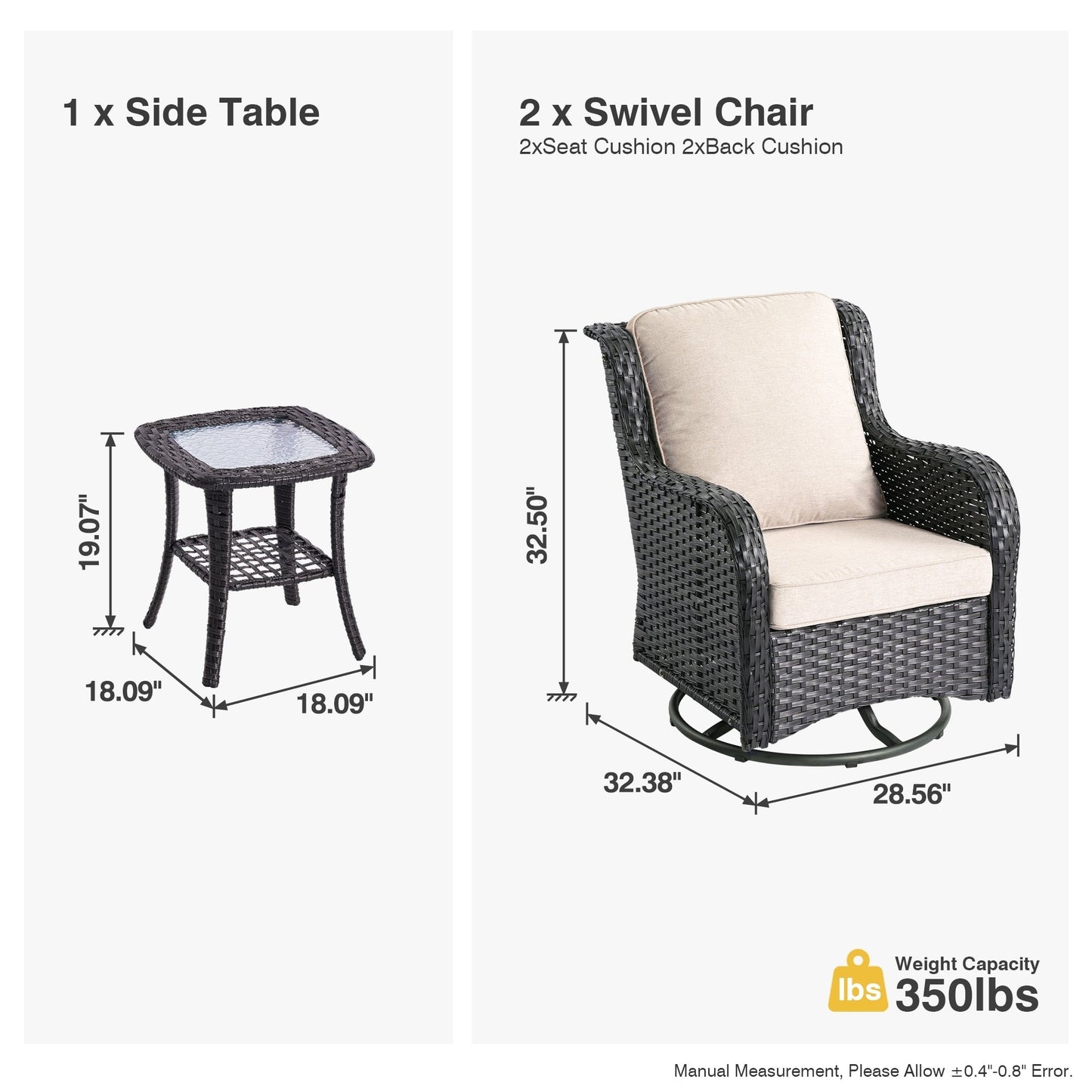 Set di 3 sedie girevoli in vimini per patio OVIOS