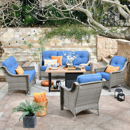 Set da conversazione in vimini da patio OVIOS da 5 pezzi con tavolo da fuoco