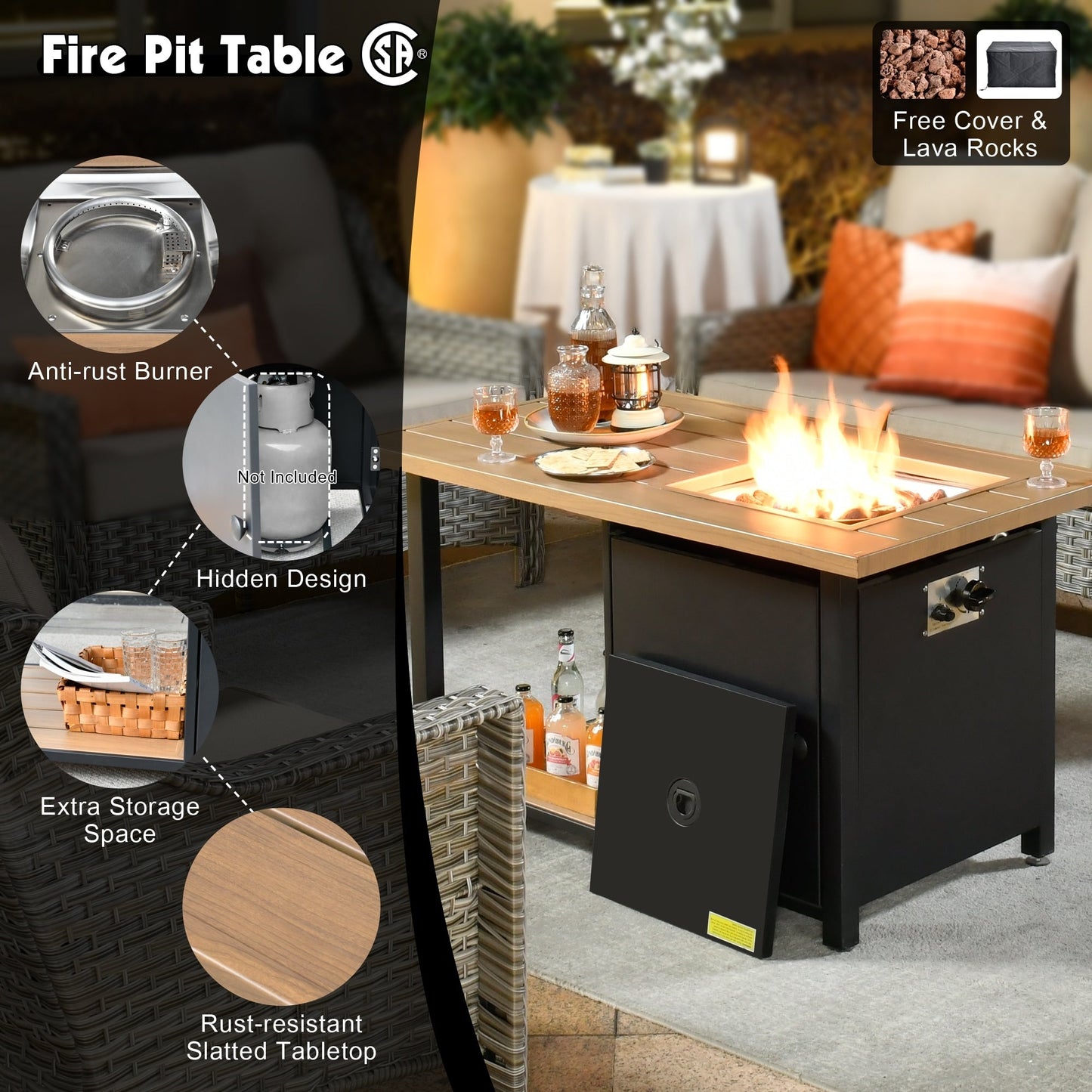 Set da conversazione in vimini da patio OVIOS da 5 pezzi con tavolo da fuoco