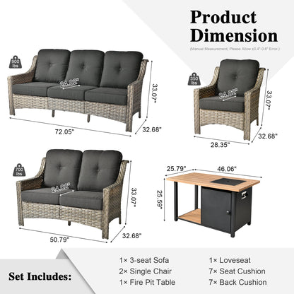 Set da conversazione in vimini da patio OVIOS da 5 pezzi con tavolo da fuoco