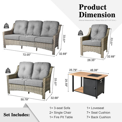 Set da conversazione in vimini da patio OVIOS da 5 pezzi con tavolo da fuoco