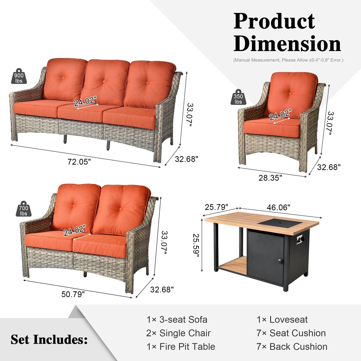 Set da conversazione in vimini da patio OVIOS da 5 pezzi con tavolo da fuoco