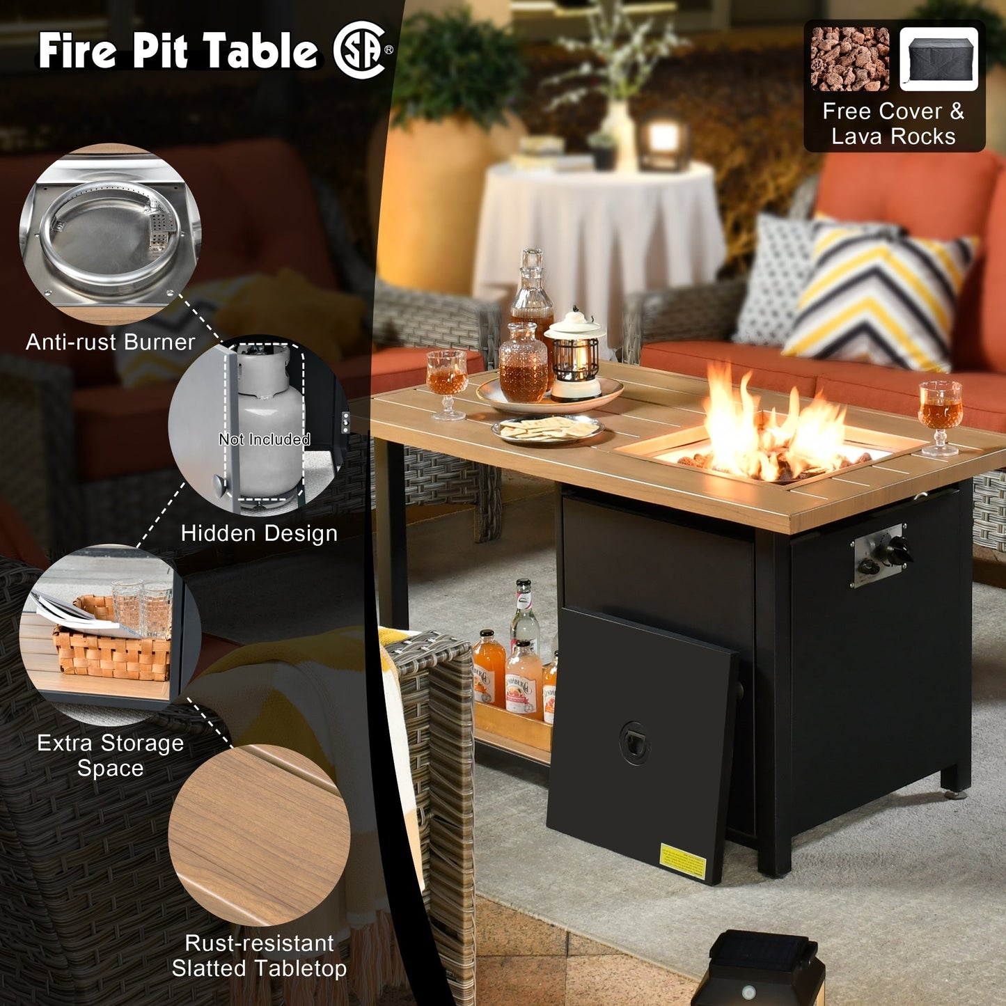 Set da conversazione in vimini da patio OVIOS da 5 pezzi con tavolo da fuoco