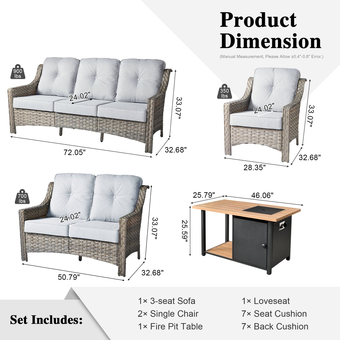 Set da conversazione in vimini da patio OVIOS da 5 pezzi con tavolo da fuoco