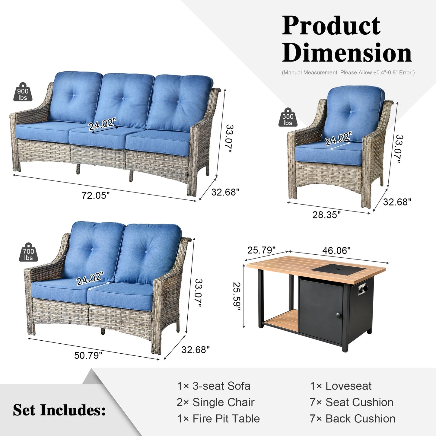 Set da conversazione in vimini da patio OVIOS da 5 pezzi con tavolo da fuoco
