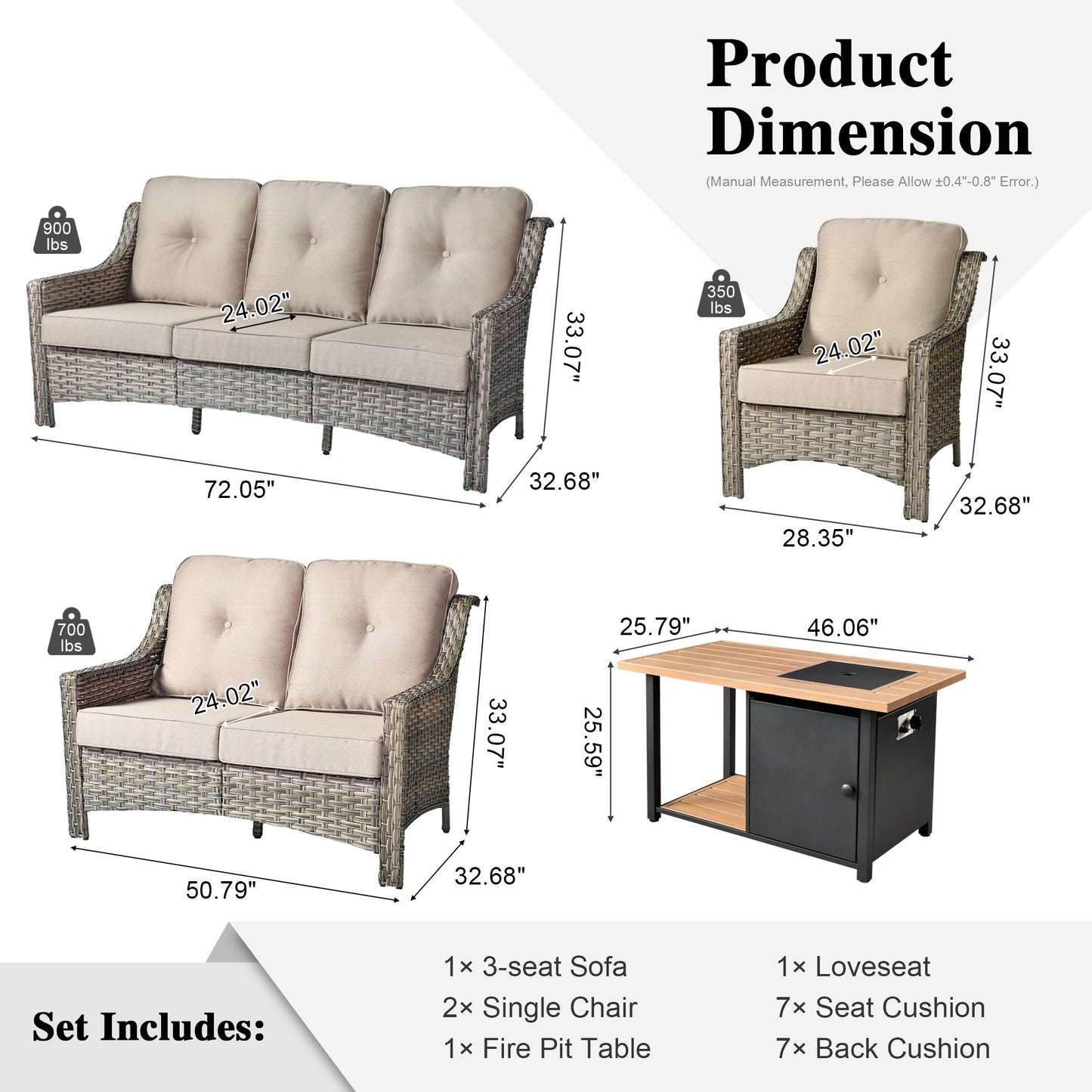 Set da conversazione in vimini da patio OVIOS da 5 pezzi con tavolo da fuoco