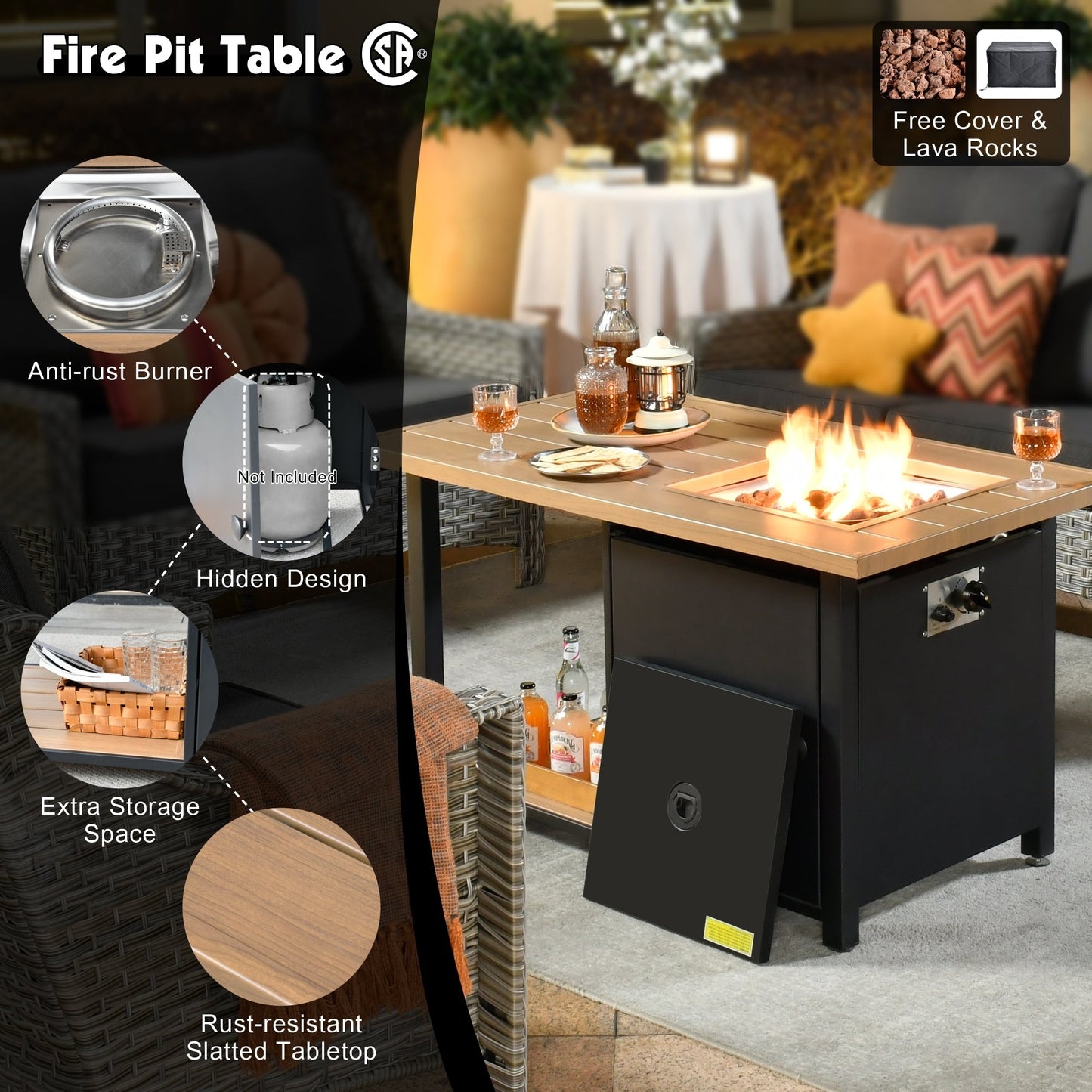 Set da conversazione in vimini da patio OVIOS da 5 pezzi con tavolo da fuoco