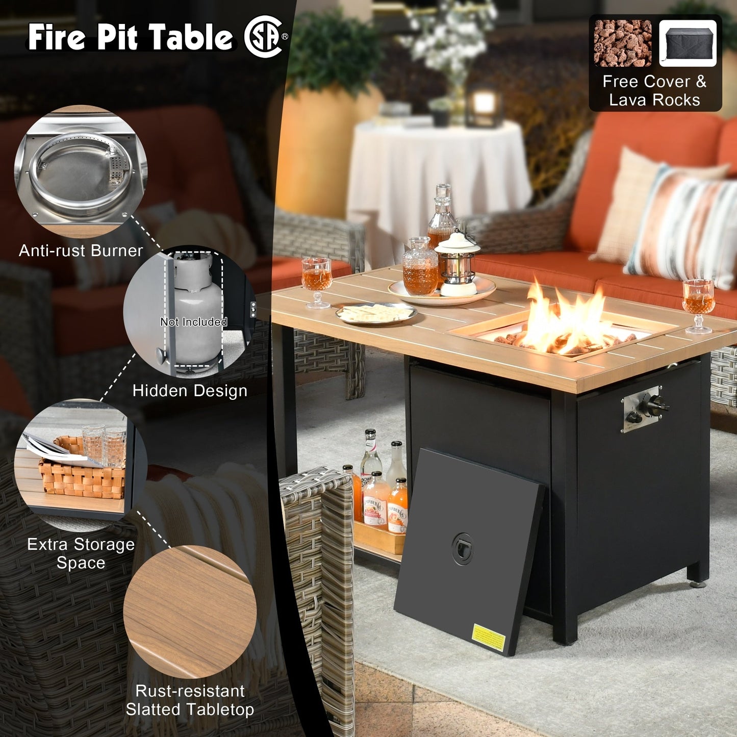 Set da conversazione in vimini da patio OVIOS da 5 pezzi con tavolo da fuoco