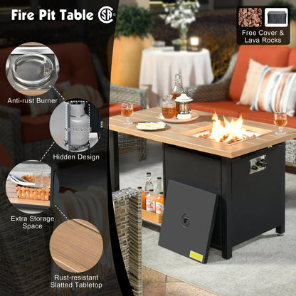 Set da conversazione in vimini da patio OVIOS da 5 pezzi con tavolo da fuoco