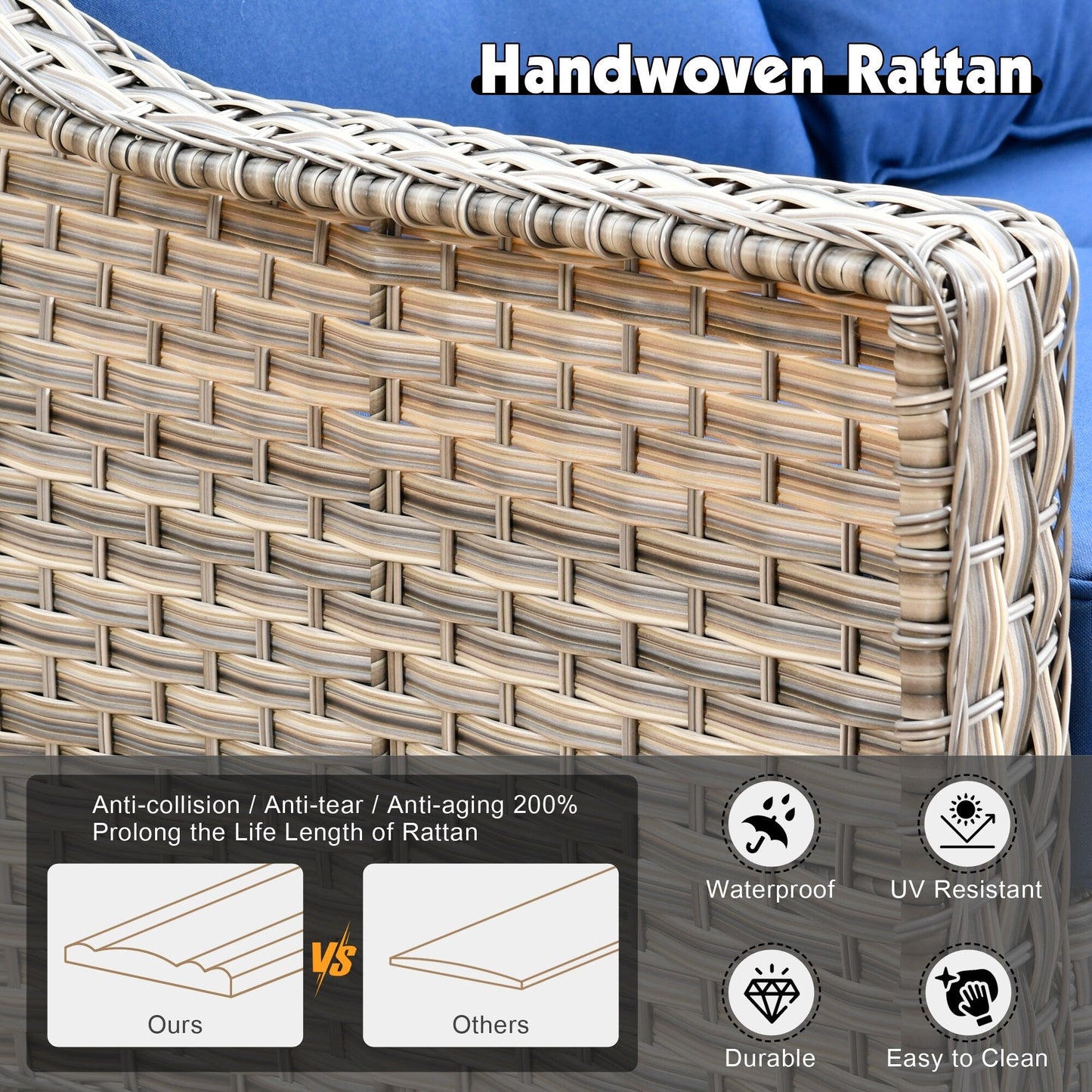 Set da conversazione in vimini da patio OVIOS da 5 pezzi con tavolo da fuoco