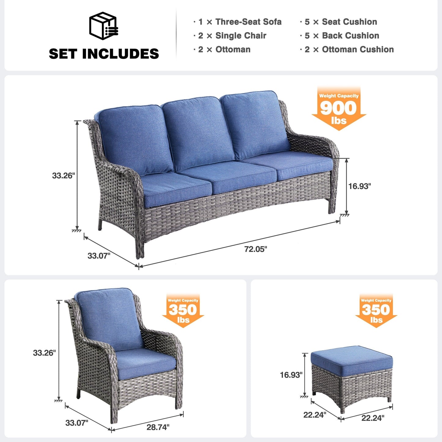 Set da conversazione OVIOS da 5 pezzi con schienale alto in vimini per patio