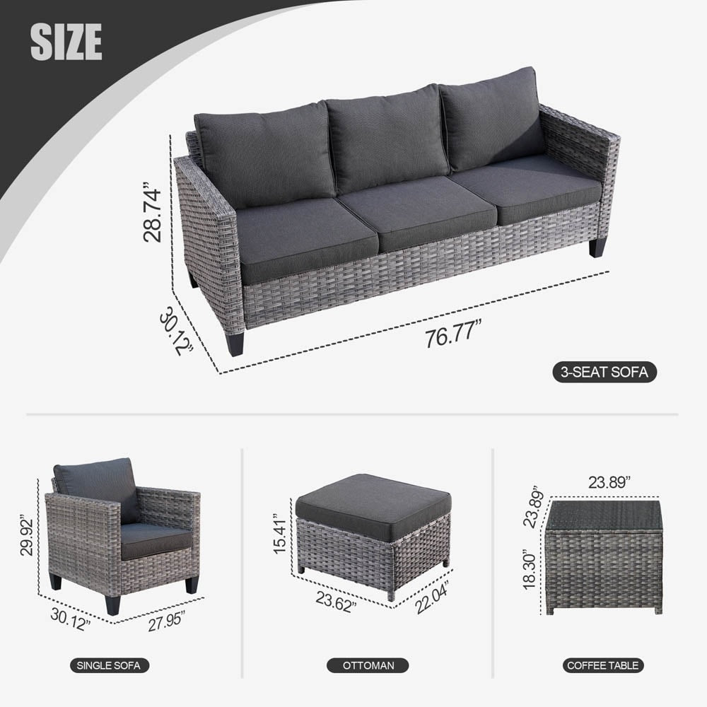 Set da conversazione in vimini per patio esterno OVIOS da 6 pezzi con tavolo con piano in vetro