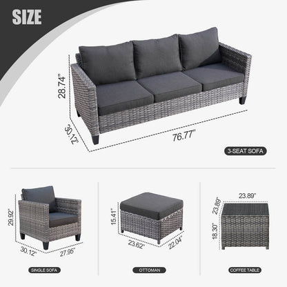 Set da conversazione in vimini per patio esterno OVIOS da 6 pezzi con tavolo con piano in vetro