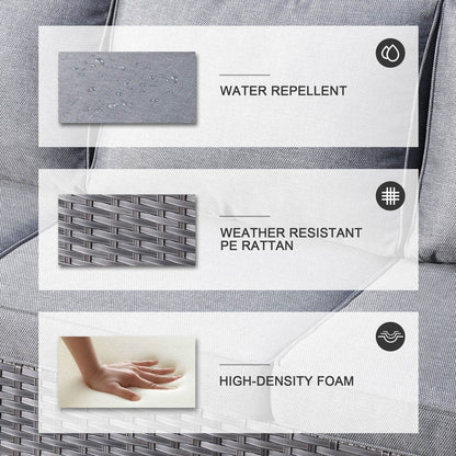 Set da conversazione in vimini per patio esterno OVIOS da 6 pezzi con tavolo con piano in vetro