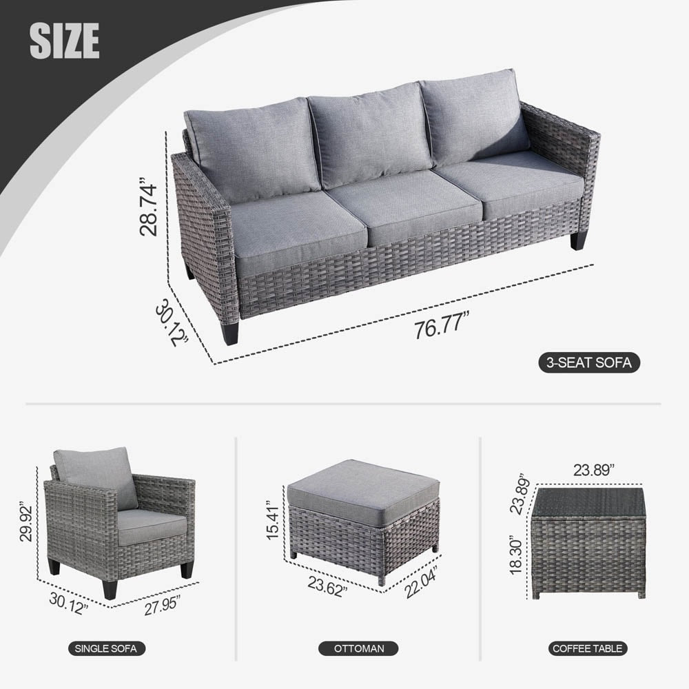 Set da conversazione in vimini per patio esterno OVIOS da 6 pezzi con tavolo con piano in vetro