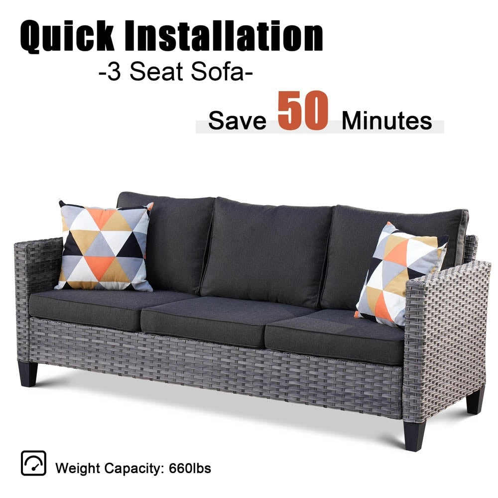 Set da conversazione in vimini per patio esterno OVIOS da 6 pezzi con tavolo con piano in vetro