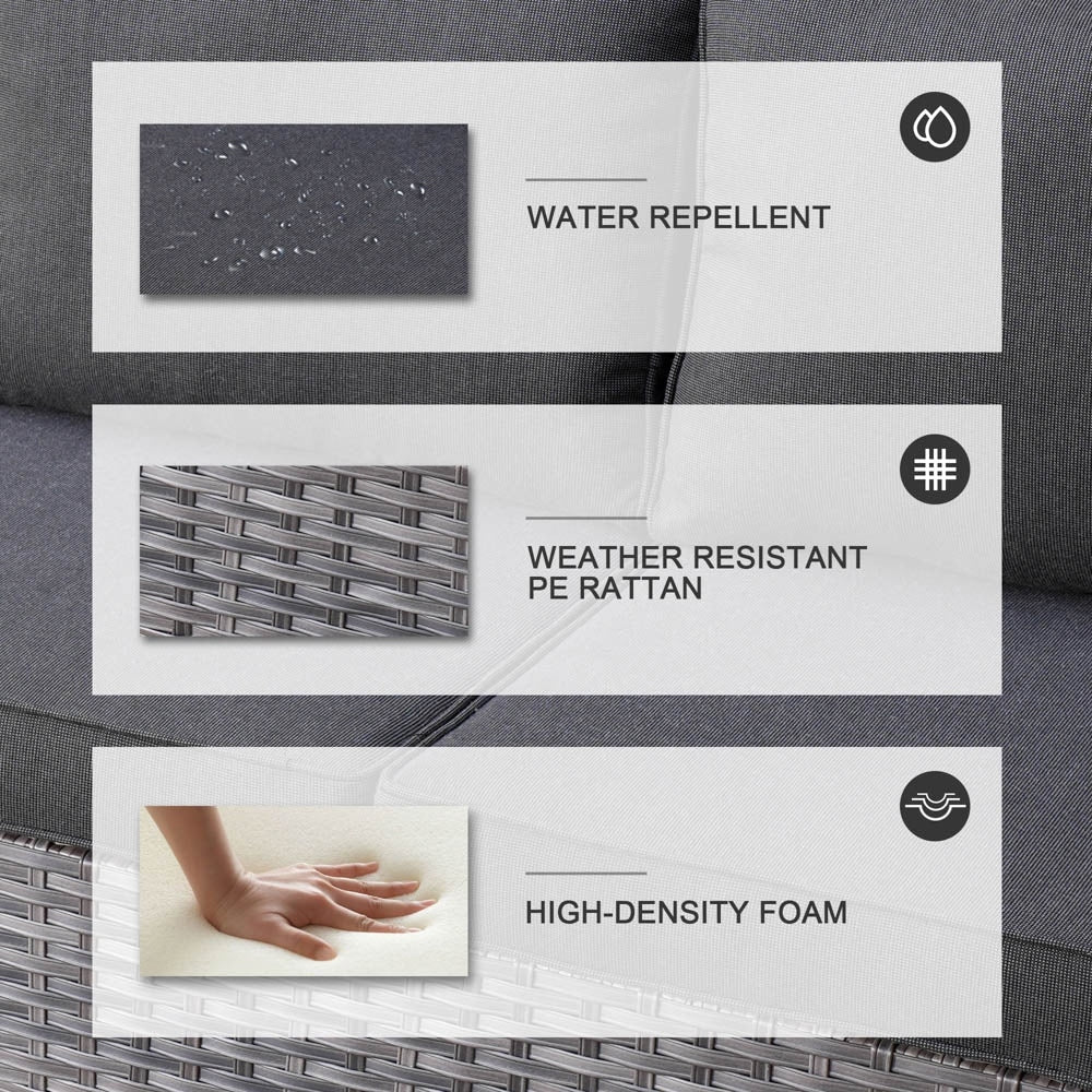 Set da conversazione in vimini per patio esterno OVIOS da 6 pezzi con tavolo con piano in vetro