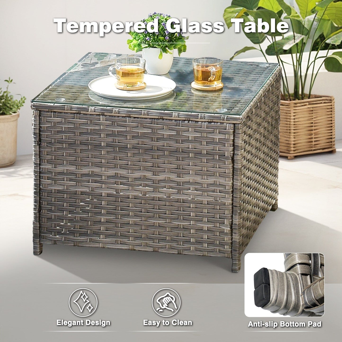 Set da conversazione in vimini da 6 pezzi OVIOS con tavolo con piano in vetro