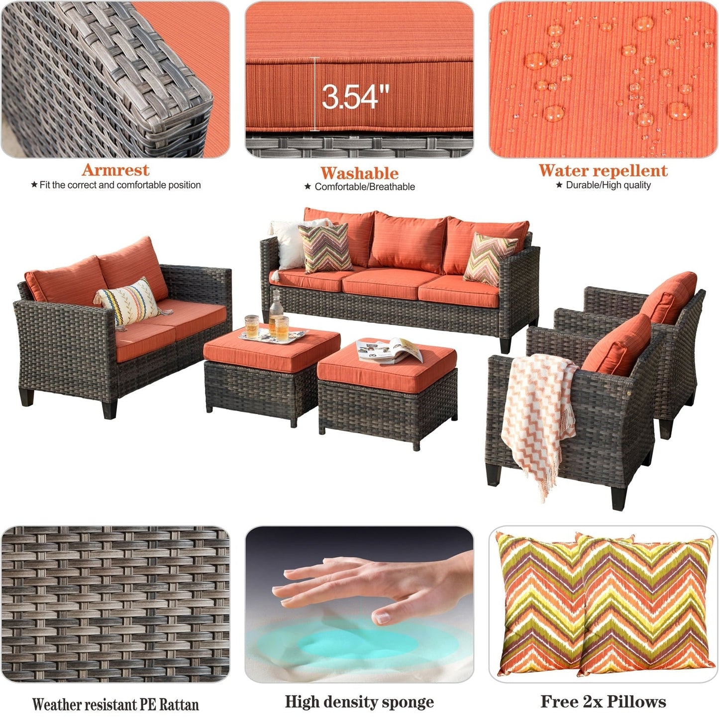 Set da conversazione con divano a due posti in vimini da giardino OVIOS da 6 pezzi