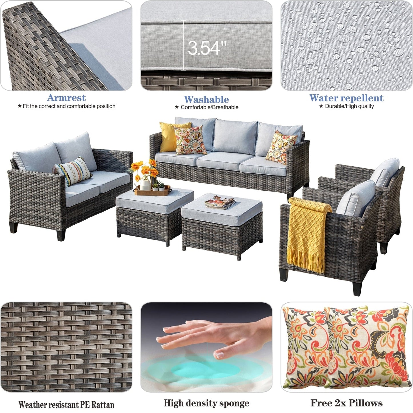 Set da conversazione con divano a due posti in vimini da giardino OVIOS da 6 pezzi