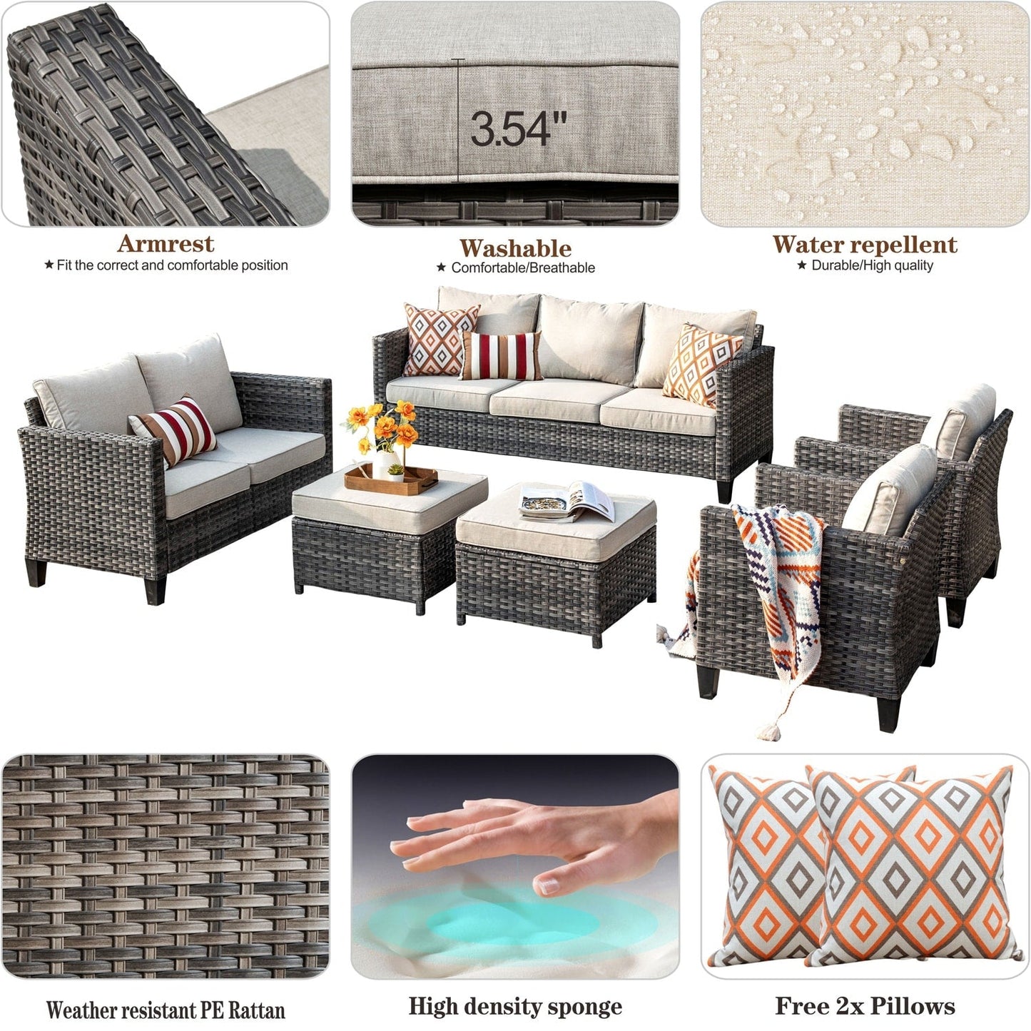 Set da conversazione con divano a due posti in vimini da giardino OVIOS da 6 pezzi